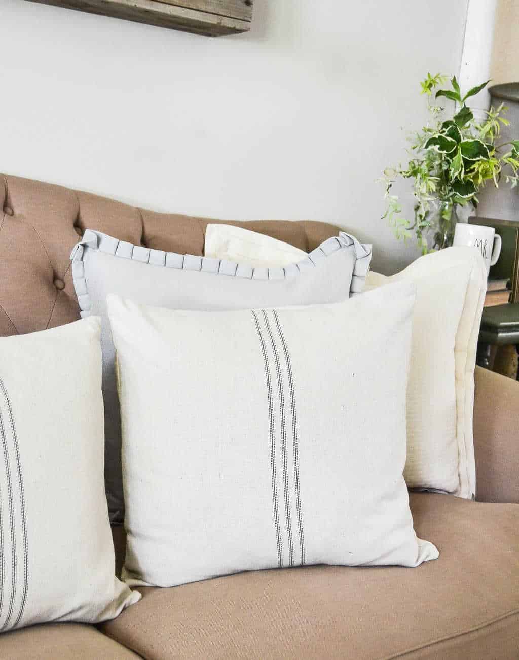 Farmhouse Throw Pillows With Grain Sack Stripes - My Creative Days