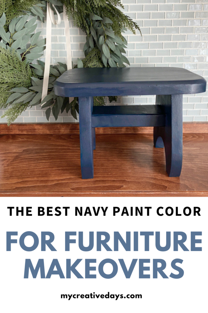 In this easy stool makeover tutorial, I am showing you the Best Navy Paint Color For Furniture Makeovers that uses an all-in-one paint and an extra topcoat.