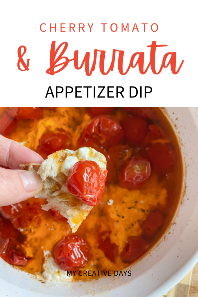 Enjoy summer's bounty with this Cherry Tomato and Burrata Appetizer Dip! Fresh tomatoes, creamy burrata, and crusty bread make the perfect tailgate or party dish.