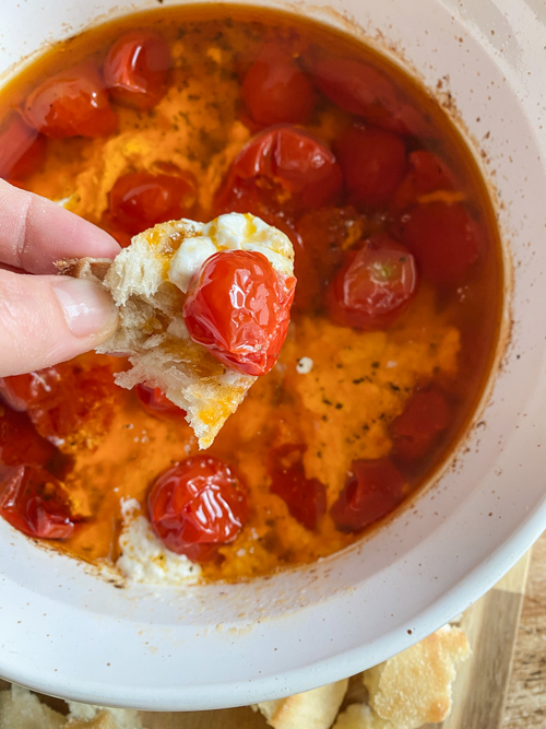 Enjoy summer's bounty with this Cherry Tomato and Burrata Appetizer Dip! Fresh tomatoes, creamy burrata, and crusty bread make the perfect tailgate or party dish.