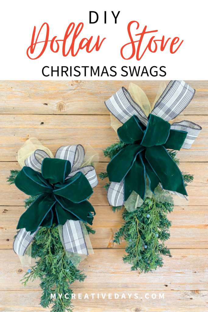 How to make DIY Dollar Store Christmas Swags for only $2.50 using supplies like 18" trees, floral wire, and ribbon. Perfect for budget-friendly holiday decor!